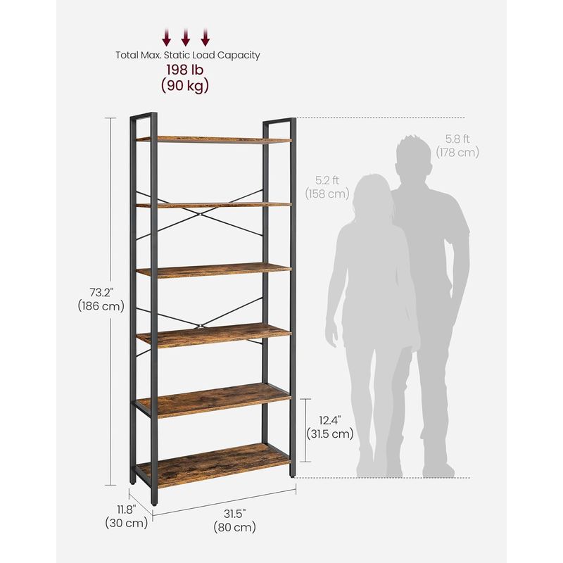 Casa si Gradina - Mobilier - Biblioteci si rafturi - Biblioteci - Biblioteca cu 6 rafturi, etajera stil industrial, PAL si cadru metalic, 30x80x186 cm, maro rustic - Infinity.ro