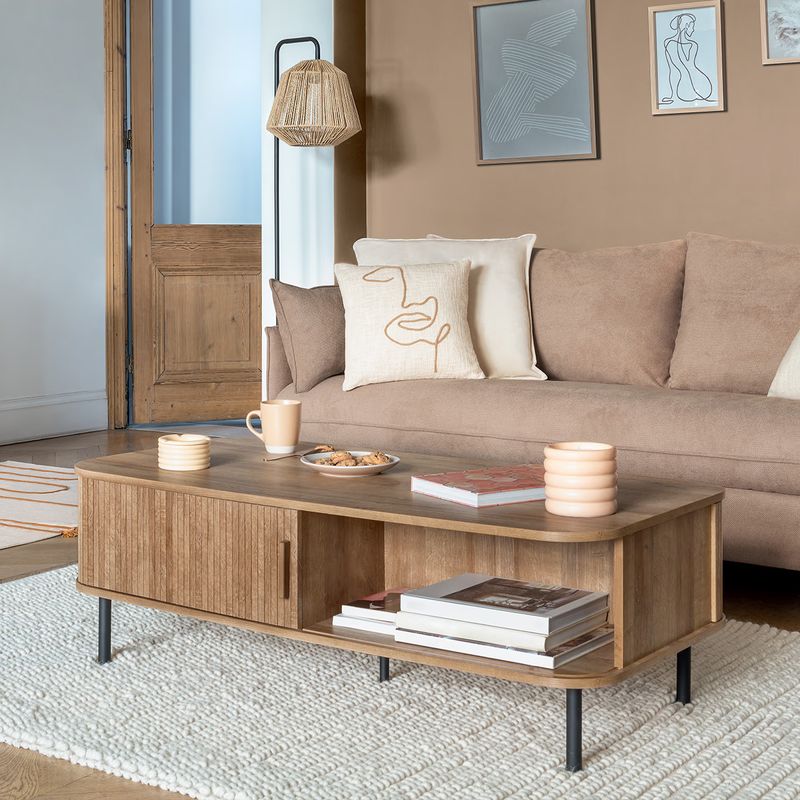 Casa si Gradina - Mobilier - Mese si birouri - Masute de cafea - Masuta de cafea Atmosphera Colva cu 2 usi glisante, MDF si otel, 120x60x41 cm, bej - Infinity.ro