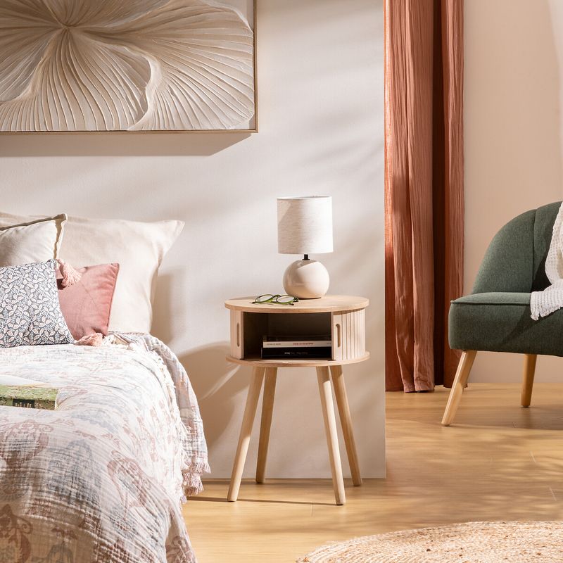 Casa si Gradina - Mobilier - Comode si corpuri - Noptiere - Noptiera rotunda Atmosphera Nysos cu 2 usi glisante si raft interior, 40x54 cm, crem natur - Infinity.ro