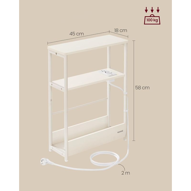 Casa si Gradina - Mobilier - Mese si birouri - Masute de cafea - Masuta ingusta cu priza si porturi de incarcare USB, 3 rafturi, 45x18x58 cm, alb crem - Infinity.ro