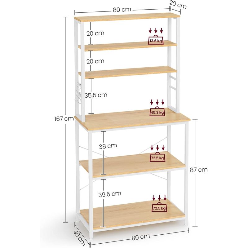 Casa si Gradina - Mobilier - Biblioteci si rafturi - Biblioteci - Raft de bucatarie cu spatiu pentru cuptorul cu microunde, 6 rafturi, otel, industrial, 40x80x167cm, maro stejar si alb - Infinity.ro
