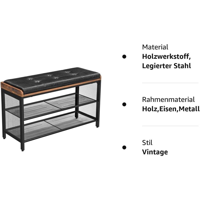Casa si Gradina - Mobilier - Dulapuri si sifoniere - Dulapuri pantofi - Banca pentru hol, cu raft suport de pantofi, sezut captusit imitatie piele, design industrial, 30x80x48cm, negru cu maro - Infinity.ro