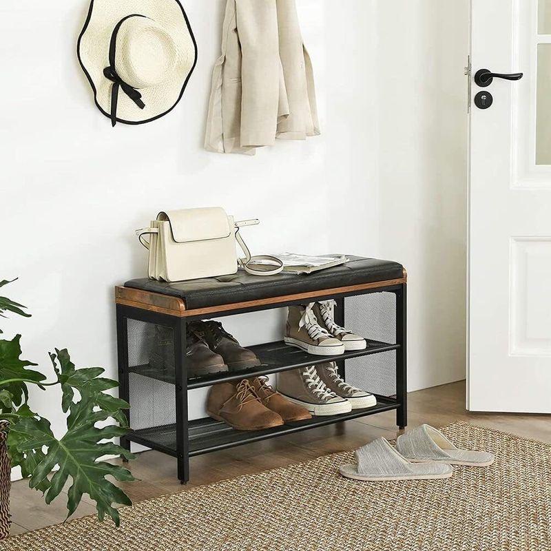 Casa si Gradina - Mobilier - Dulapuri si sifoniere - Dulapuri pantofi - Banca pentru hol, cu raft suport de pantofi, sezut captusit imitatie piele, design industrial, 30x80x48cm, negru cu maro - Infinity.ro