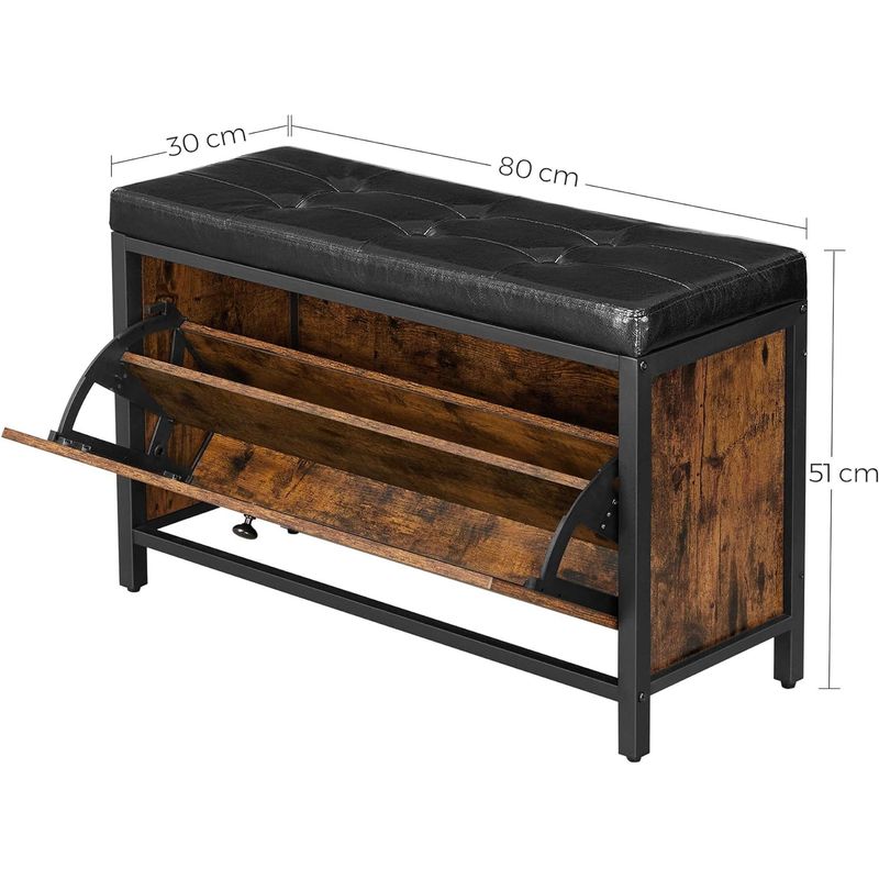 Casa si Gradina - Mobilier - Dulapuri si sifoniere - Dulapuri pantofi - Banca cu organizator pantofi, cu clapeta, 30x80x51cm, industrial vintage, maro cu negru - Infinity.ro