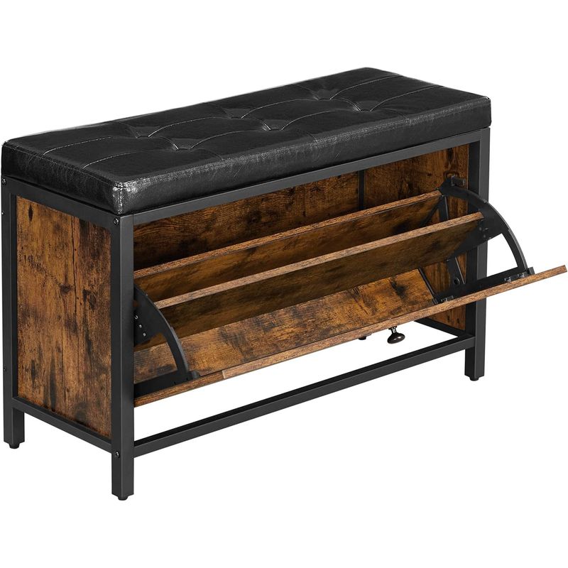Casa si Gradina - Mobilier - Dulapuri si sifoniere - Dulapuri pantofi - Banca cu organizator pantofi, cu clapeta, 30x80x51cm, industrial vintage, maro cu negru - Infinity.ro