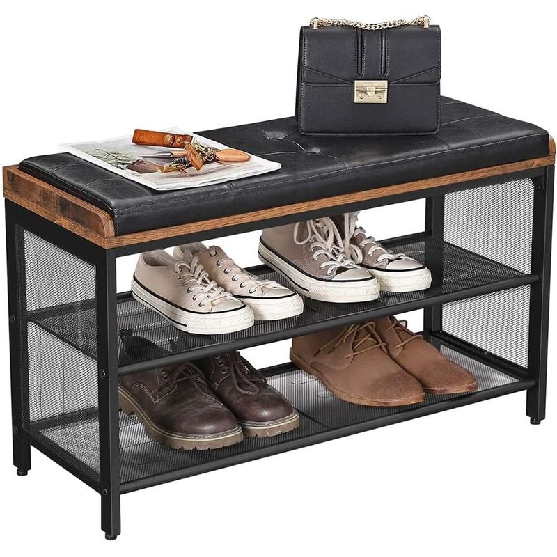 Casa si Gradina - Mobilier - Dulapuri si sifoniere - Dulapuri pantofi - Banca pentru hol, cu raft suport de pantofi, sezut captusit imitatie piele, design industrial, 30x80x48cm, negru cu maro - Infinity.ro