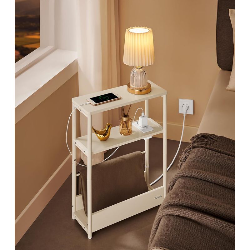 Casa si Gradina - Mobilier - Mese si birouri - Masute de cafea - Masuta ingusta cu priza si porturi de incarcare USB, 3 rafturi, 45x18x58 cm, alb crem - Infinity.ro