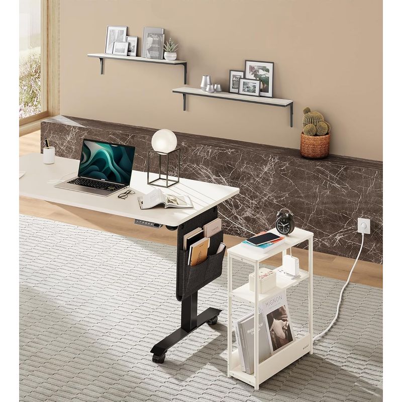 Casa si Gradina - Mobilier - Mese si birouri - Masute de cafea - Masuta ingusta cu priza si porturi de incarcare USB, 3 rafturi, 45x18x58 cm, alb crem - Infinity.ro