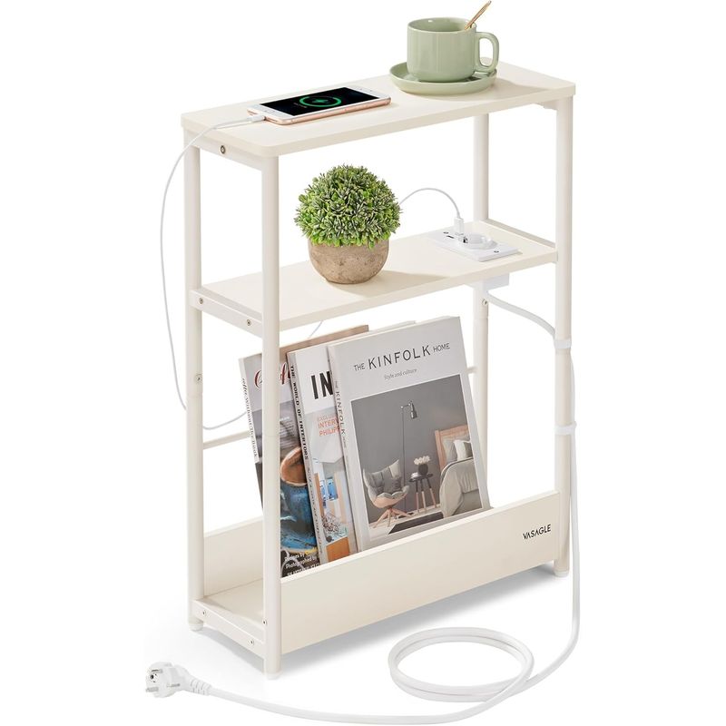Casa si Gradina - Mobilier - Mese si birouri - Masute de cafea - Masuta ingusta cu priza si porturi de incarcare USB, 3 rafturi, 45x18x58 cm, alb crem - Infinity.ro