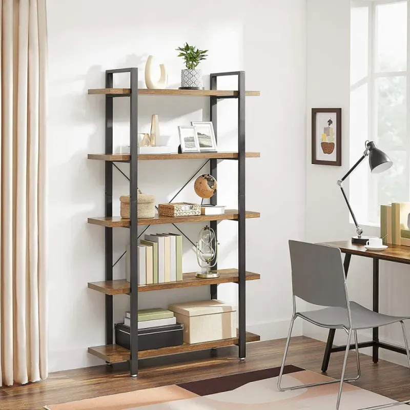 Casa si Gradina - Mobilier - Biblioteci si rafturi - Biblioteci - Biblioteca cu 5 rafturi, cadru din otel si rafturi din PAL, 105x34x178cm, maro rustic si negru - Infinity.ro