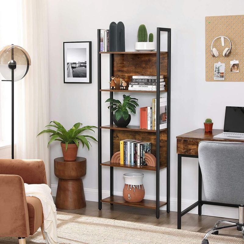 Casa si Gradina - Mobilier - Biblioteci si rafturi - Biblioteci - Biblioteca cu 5 rafturi de depozitare, cadru otel, stil industrial, 62x24x165cm, maro rustic si negru - Infinity.ro