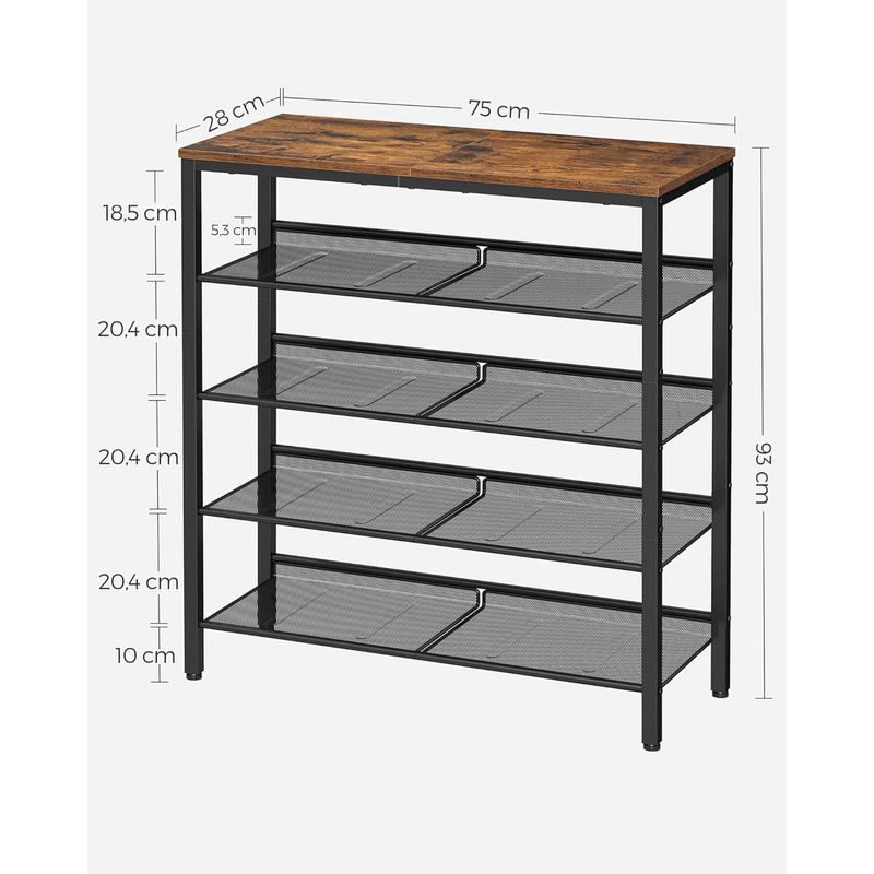 Casa si Gradina - Mobilier - Dulapuri si sifoniere - Dulapuri pantofi - Raft de pantofi, 5 niveluri, rafturi reglabile din plasa, metal, stil industrial, 75x28x93cm, maro vintage negru - Infinity.ro