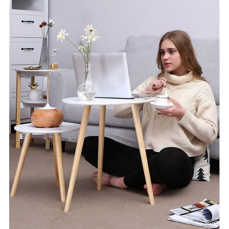 Casa si Gradina - Mobilier - Mese si birouri - Masute de cafea - Masa de cafea, set de 2 bucati, picioare din lemn si blat MDF, design minimalist scandinav, 45x50cm si 35x35cm, alb - Infinity.ro
