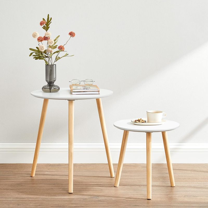 Casa si Gradina - Mobilier - Mese si birouri - Masute de cafea - Masa de cafea, set de 2 bucati, picioare din lemn si blat MDF, design minimalist scandinav, 45x50cm si 35x35cm, alb - Infinity.ro