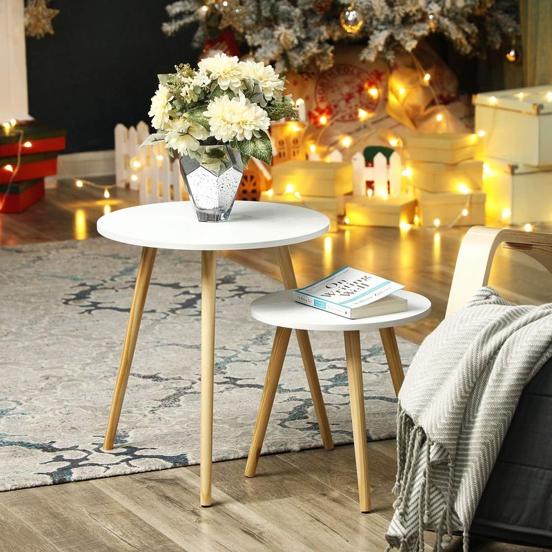 Casa si Gradina - Mobilier - Mese si birouri - Masute de cafea - Masa de cafea, set de 2 bucati, picioare din lemn si blat MDF, design minimalist scandinav, 45x50cm si 35x35cm, alb - Infinity.ro