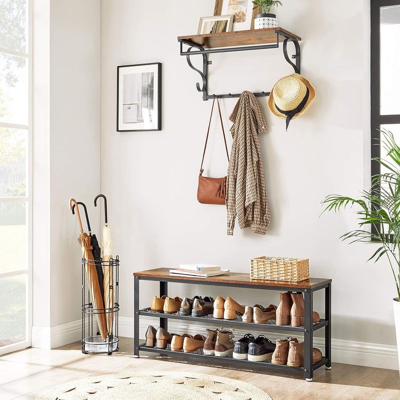 Casa si Gradina - Mobilier - Dulapuri si sifoniere - Dulapuri pantofi - Raft pentru pantofi cu 2 polite, 100x30x45cm, otel, stil industrial, maro rustic si negru - Infinity.ro