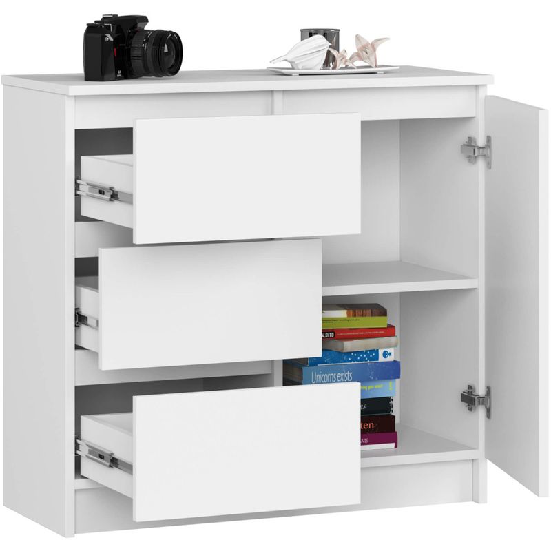 Casa si Gradina - Mobilier - Comode si corpuri - Comode - Comoda JERRY cu 3 sertare si dulap cu rafturi, PAL laminat, 80x35x77 cm, alb mat - Infinity.ro