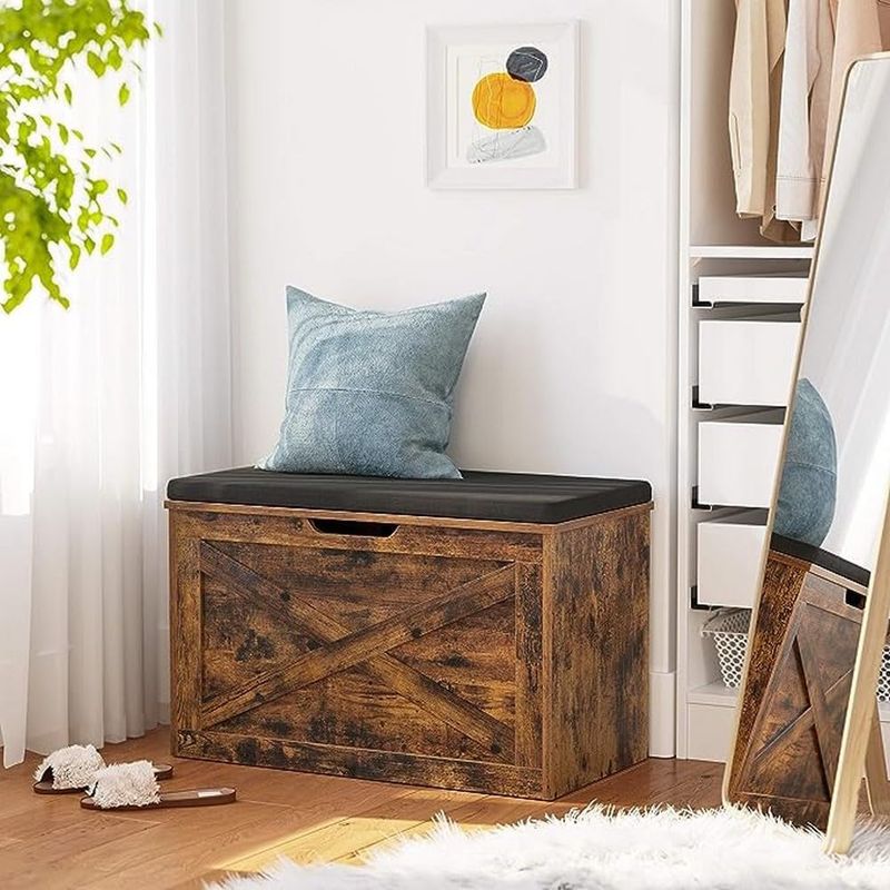 Casa si Gradina - Mobilier - Dulapuri si sifoniere - Dulapuri pantofi - Banca pentru pantofi cu perna, tip cufar de depozitare, stil hambar, 76x40x48cm, maro rustic - Infinity.ro