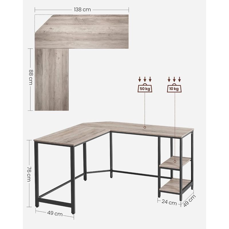 Casa si Gradina - Mobilier - Mese si birouri - Birouri - Birou de colt in forma de L, cu 2 rafturi de depozitare, 138x138x75cm, industrial, gri si negru - Infinity.ro