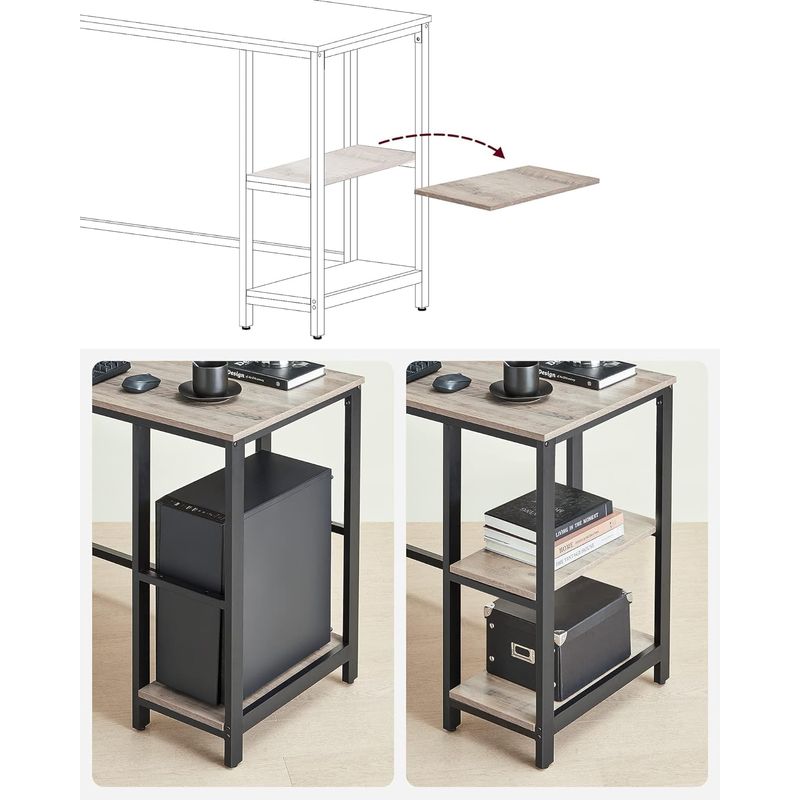 Casa si Gradina - Mobilier - Mese si birouri - Birouri - Birou de colt in forma de L, cu 2 rafturi de depozitare, 138x138x75cm, industrial, gri si negru - Infinity.ro