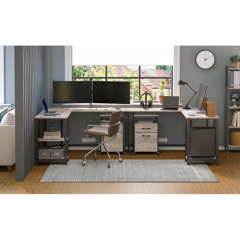 Casa si Gradina - Mobilier - Mese si birouri - Birouri - Birou de colt in forma de L, cu 2 rafturi de depozitare, 138x138x75cm, industrial, gri si negru - Infinity.ro
