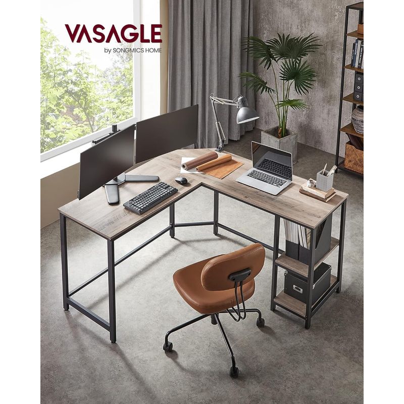 Casa si Gradina - Mobilier - Mese si birouri - Birouri - Birou de colt in forma de L, cu 2 rafturi de depozitare, 138x138x75cm, industrial, gri si negru - Infinity.ro