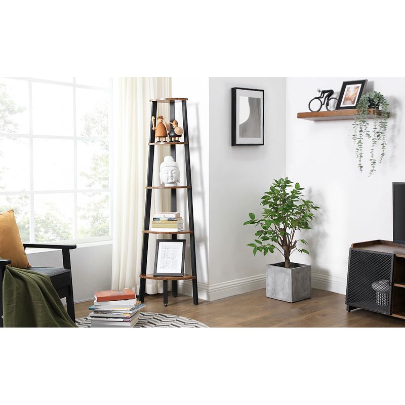 Casa si Gradina - Mobilier - Biblioteci si rafturi - Biblioteci - Raft de colt cu 5 etaje, tip biblioteca, cadru metal si polite lemn, 33x34x159cm, industrial, maro rustic si negru - Infinity.ro