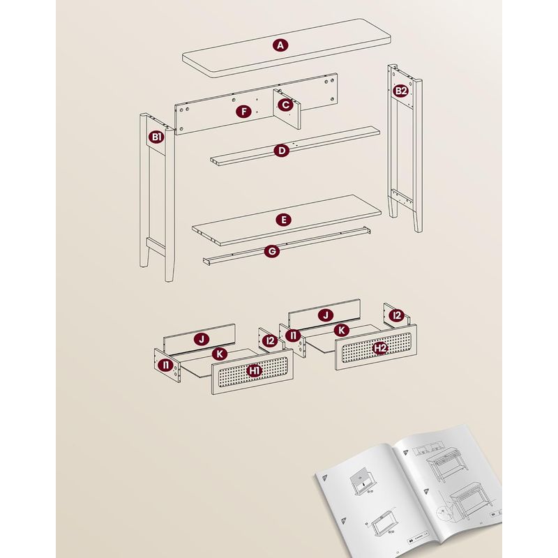 Casa si Gradina - Mobilier - Comode si corpuri - Comode - Consola hol 100x30x80 cm, 2 sertare, raft deschis, colturi rotunjite, stil boho, MDF si ratan PVC, bej stejar - Infinity.ro