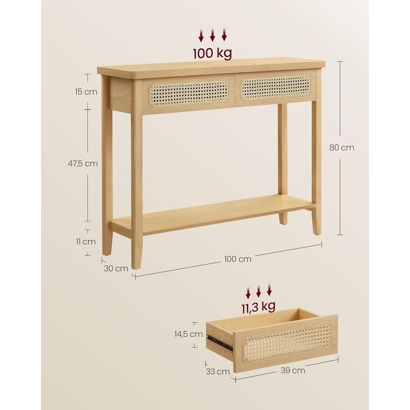 Casa si Gradina - Mobilier - Comode si corpuri - Comode - Consola hol 100x30x80 cm, 2 sertare, raft deschis, colturi rotunjite, stil boho, MDF si ratan PVC, bej stejar - Infinity.ro