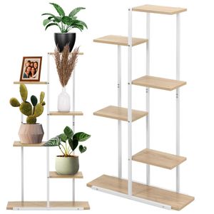 Etajera cu 6 rafturi din metal si MDF, 60x20x113 cm, alb si maro