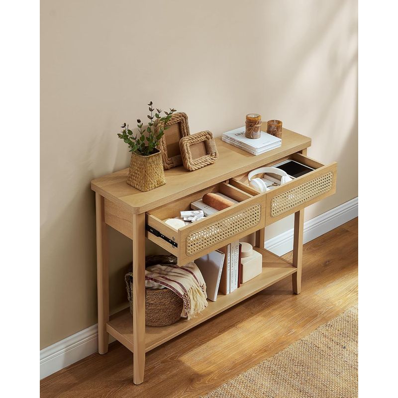 Casa si Gradina - Mobilier - Comode si corpuri - Comode - Consola hol 100x30x80 cm, 2 sertare, raft deschis, colturi rotunjite, stil boho, MDF si ratan PVC, bej stejar - Infinity.ro