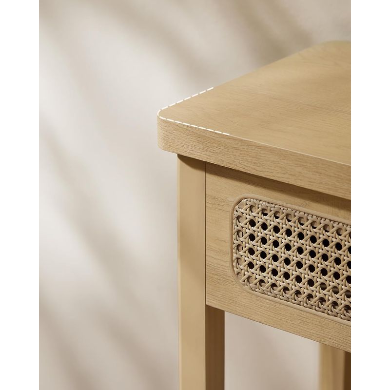 Casa si Gradina - Mobilier - Comode si corpuri - Comode - Consola hol 100x30x80 cm, 2 sertare, raft deschis, colturi rotunjite, stil boho, MDF si ratan PVC, bej stejar - Infinity.ro