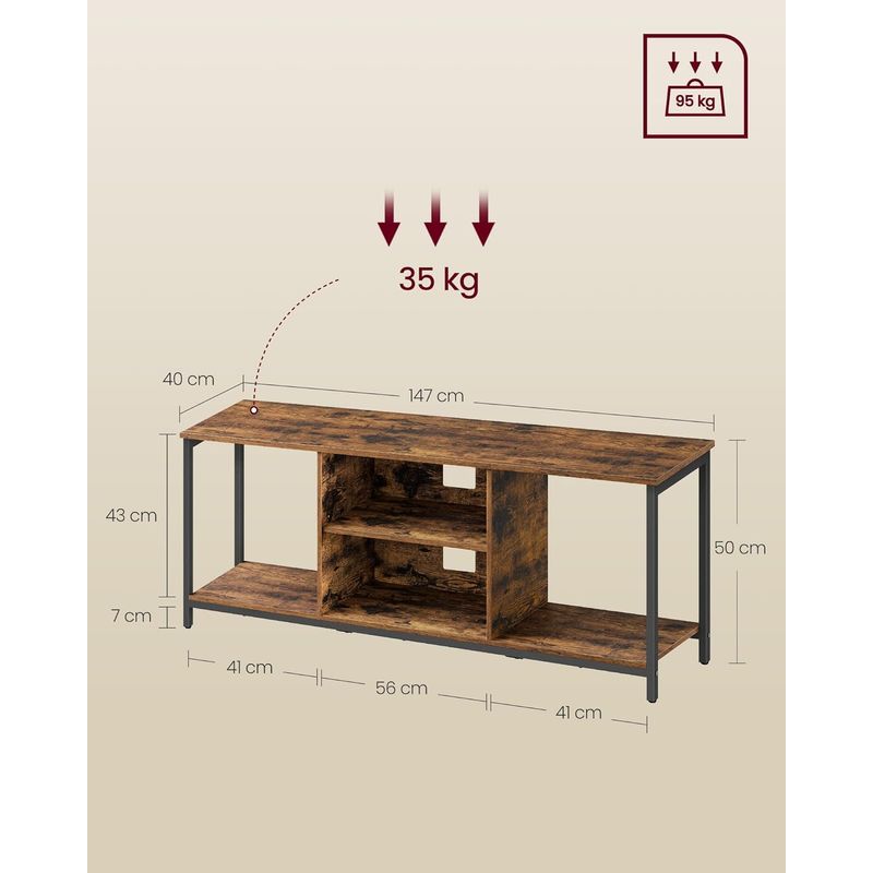 Casa si Gradina - Mobilier - Comode si corpuri - Comode - VASAGLE Comoda TV pentru televizoare pana la 65 inch, cadru metal, stil industrial, 147x40x50 cm, maro rustic - Infinity.ro
