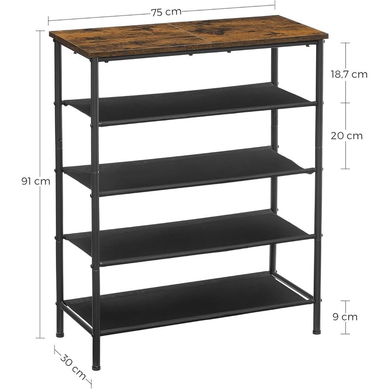 Casa si Gradina - Mobilier - Dulapuri si sifoniere - Dulapuri pantofi - Suport pantofi 75x30x91 cm, 5 niveluri, rafturi textile si blat PAL, cadru metalic, maro rustic si negru - Infinity.ro