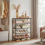 Casa si Gradina - Mobilier - Dulapuri si sifoniere - Dulapuri pantofi - Suport pantofi 75x30x91 cm, 5 niveluri, rafturi textile si blat PAL, cadru metalic, maro rustic si negru - Infinity.ro