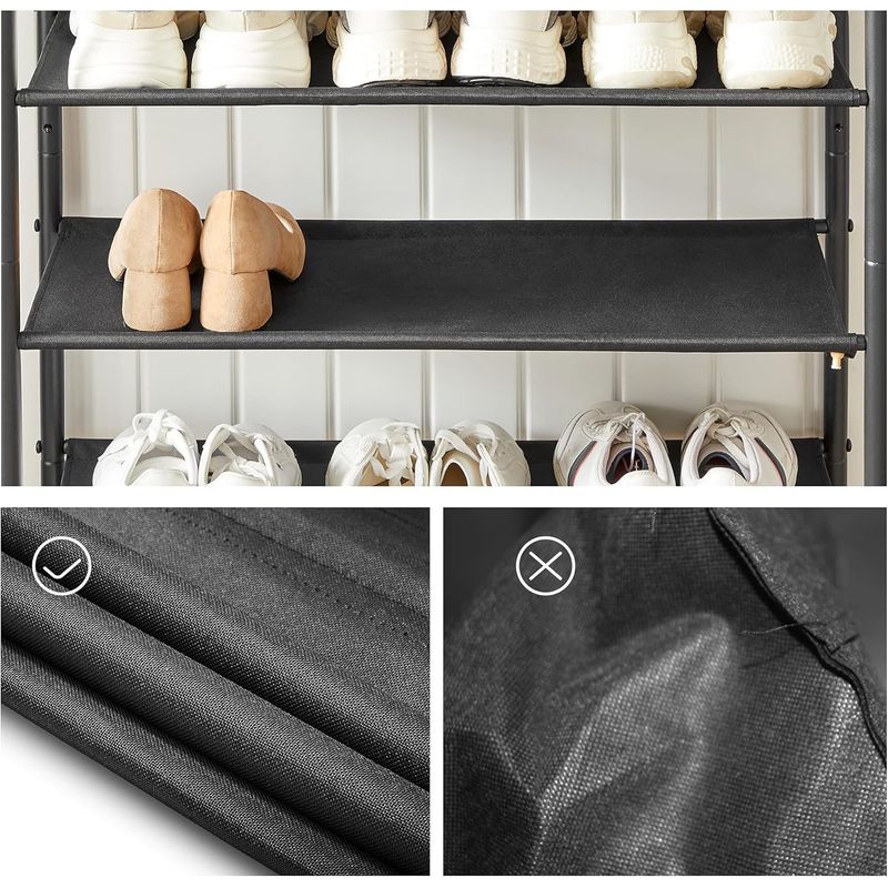 Casa si Gradina - Mobilier - Dulapuri si sifoniere - Dulapuri pantofi - Suport pantofi 75x30x91 cm, 5 niveluri, rafturi textile si blat PAL, cadru metalic, maro rustic si negru - Infinity.ro