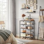 Casa si Gradina - Mobilier - Dulapuri si sifoniere - Dulapuri pantofi - Suport pantofi 75x30x91 cm, 5 niveluri, rafturi textile si blat PAL, cadru metalic, maro rustic si negru - Infinity.ro