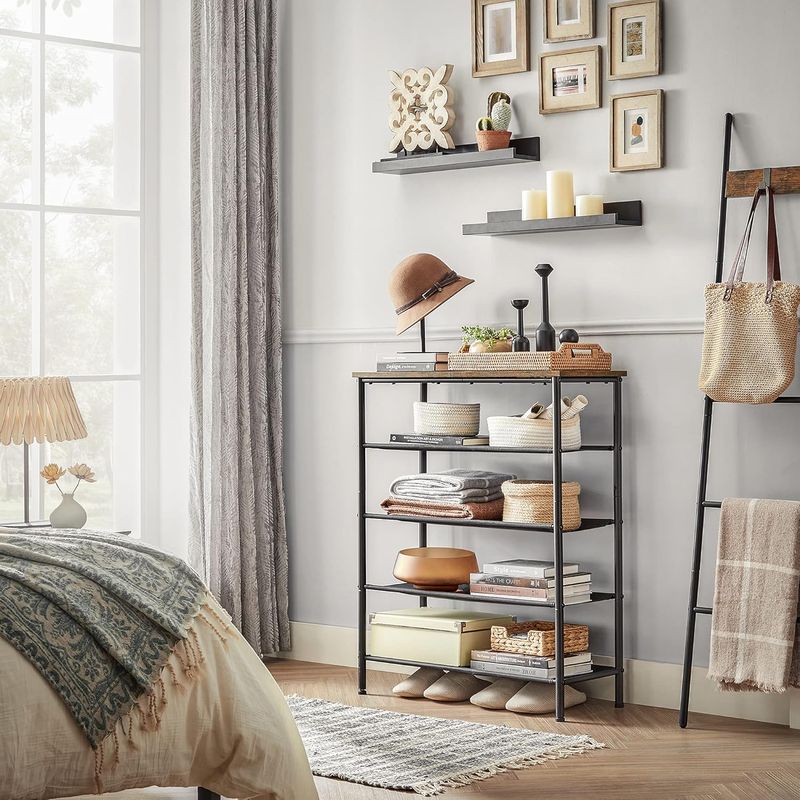 Casa si Gradina - Mobilier - Dulapuri si sifoniere - Dulapuri pantofi - Suport pantofi 75x30x91 cm, 5 niveluri, rafturi textile si blat PAL, cadru metalic, maro rustic si negru - Infinity.ro