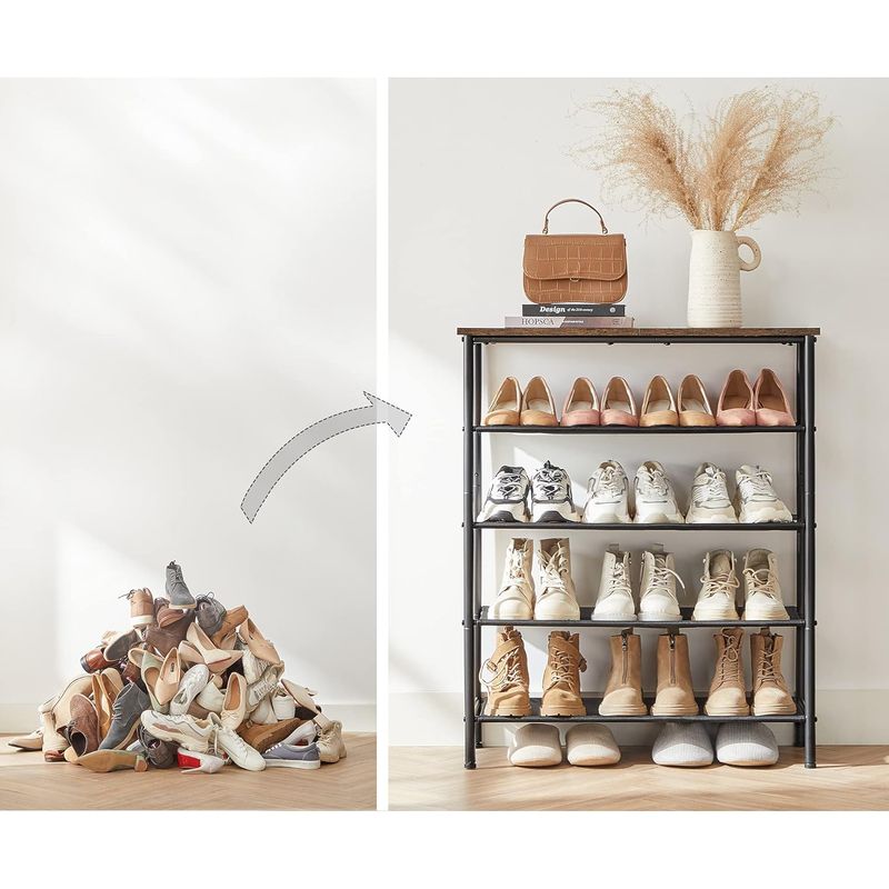 Casa si Gradina - Mobilier - Dulapuri si sifoniere - Dulapuri pantofi - Suport pantofi 75x30x91 cm, 5 niveluri, rafturi textile si blat PAL, cadru metalic, maro rustic si negru - Infinity.ro