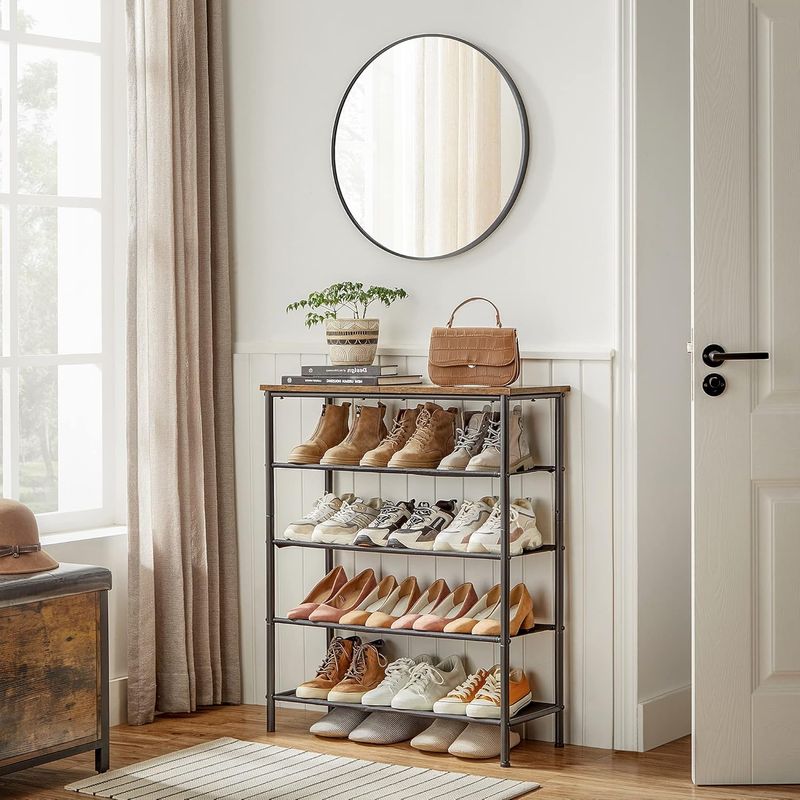 Casa si Gradina - Mobilier - Dulapuri si sifoniere - Dulapuri pantofi - Suport pantofi 75x30x91 cm, 5 niveluri, rafturi textile si blat PAL, cadru metalic, maro rustic si negru - Infinity.ro