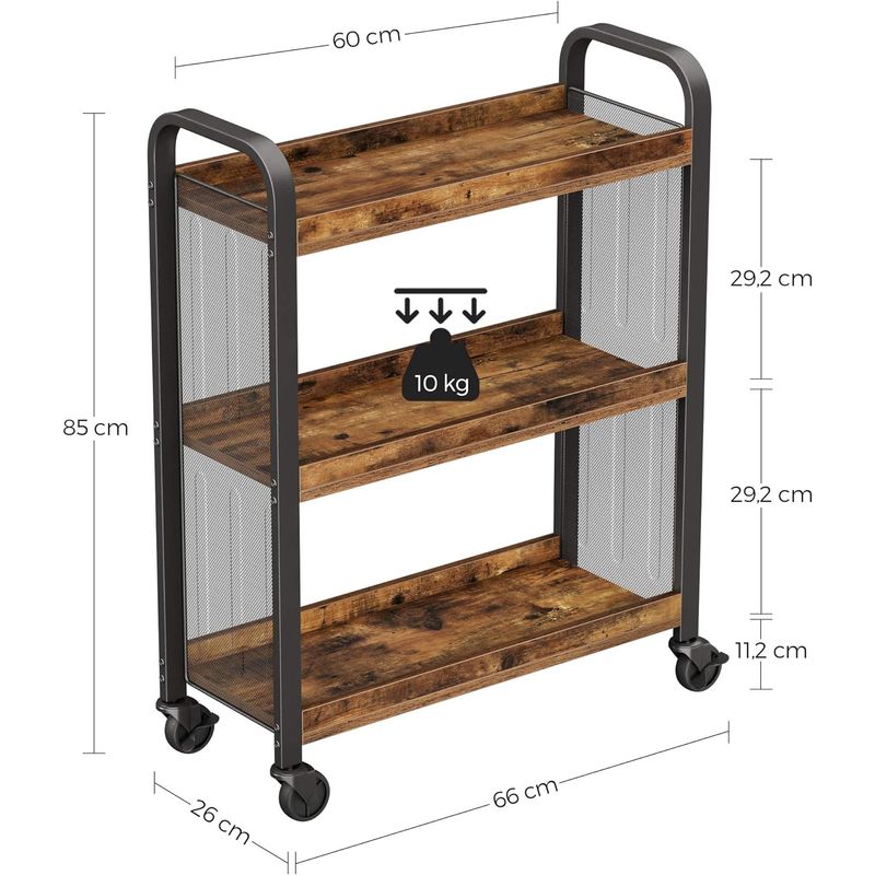 Casa si Gradina - Mobilier - Comode si corpuri - Corpuri bucatarie - Carucior de servire pe roti pentru bucatarie, cu 3 polite, stil industrial, 26x66x85cm, maro rustic - Infinity.ro