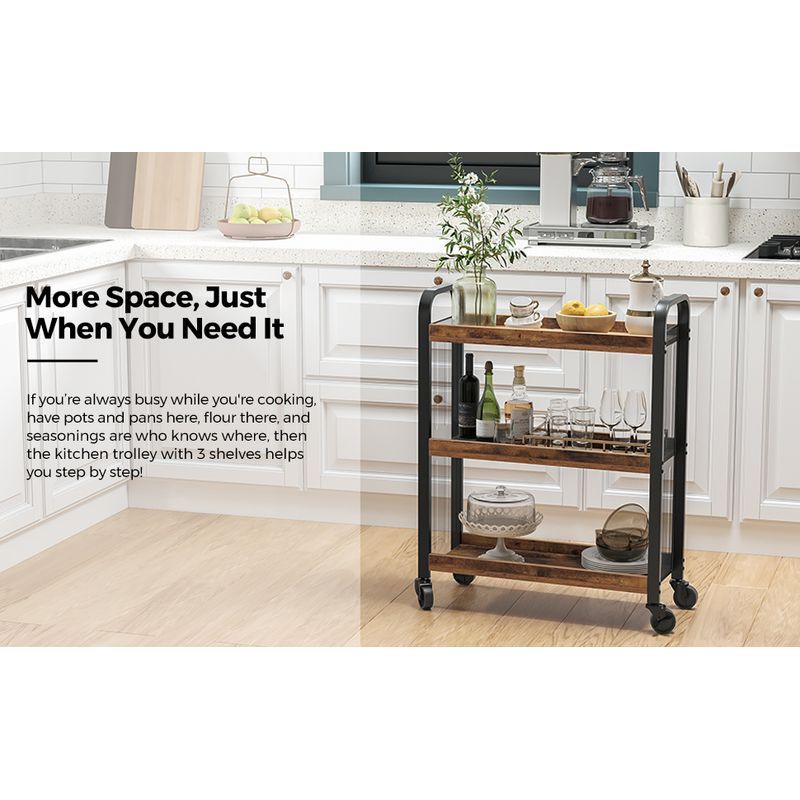 Casa si Gradina - Mobilier - Comode si corpuri - Corpuri bucatarie - Carucior de servire pe roti pentru bucatarie, cu 3 polite, stil industrial, 26x66x85cm, maro rustic - Infinity.ro