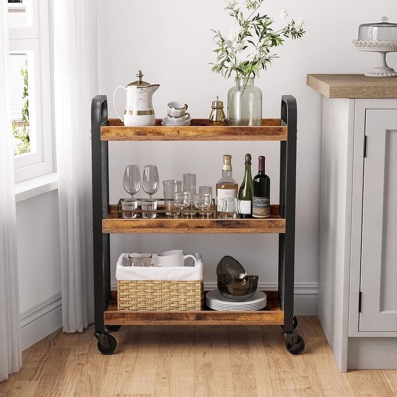 Casa si Gradina - Mobilier - Comode si corpuri - Corpuri bucatarie - Carucior de servire pe roti pentru bucatarie, cu 3 polite, stil industrial, 26x66x85cm, maro rustic - Infinity.ro