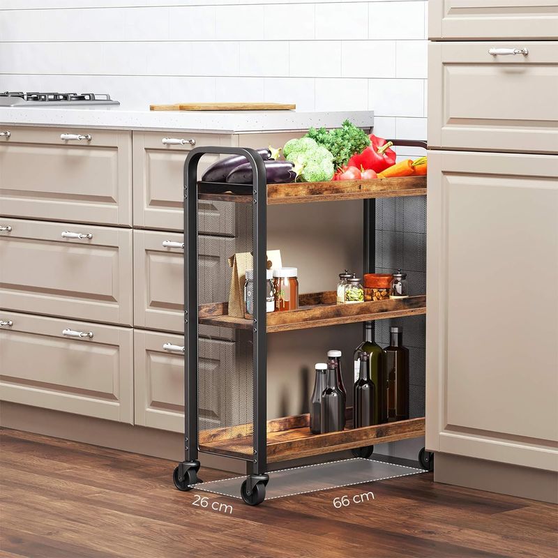Casa si Gradina - Mobilier - Comode si corpuri - Corpuri bucatarie - Carucior de servire pe roti pentru bucatarie, cu 3 polite, stil industrial, 26x66x85cm, maro rustic - Infinity.ro