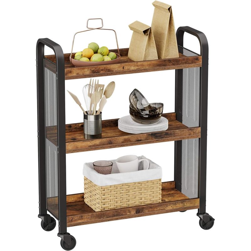 Casa si Gradina - Mobilier - Comode si corpuri - Corpuri bucatarie - Carucior de servire pe roti pentru bucatarie, cu 3 polite, stil industrial, 26x66x85cm, maro rustic - Infinity.ro