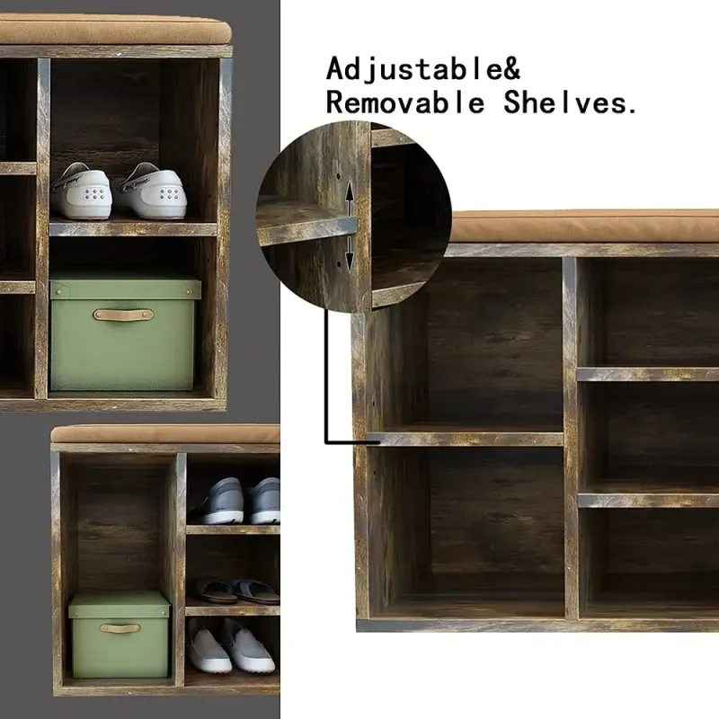 Casa si Gradina - Mobilier - Biblioteci si rafturi - Biblioteci - Banca pentru hol cu suport pentru pantofi, 10 compartimente, cu perna, 104x48x30cm, maro rustic - Infinity.ro