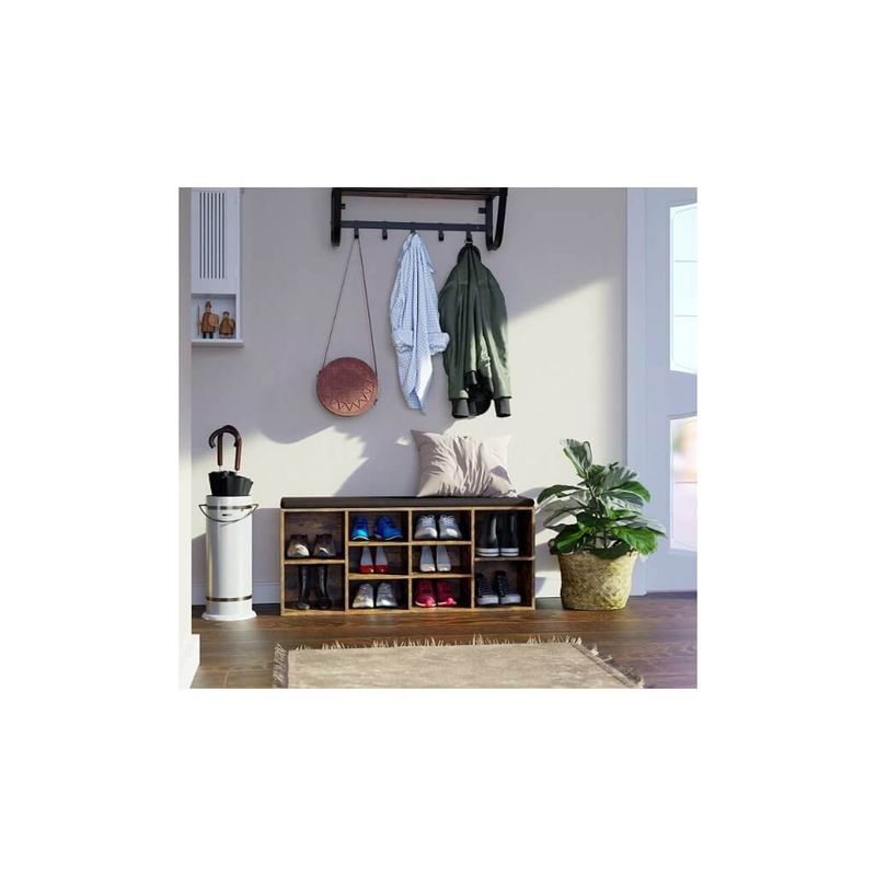 Casa si Gradina - Mobilier - Biblioteci si rafturi - Biblioteci - Banca pentru hol cu suport pentru pantofi, 10 compartimente, cu perna, 104x48x30cm, maro rustic - Infinity.ro
