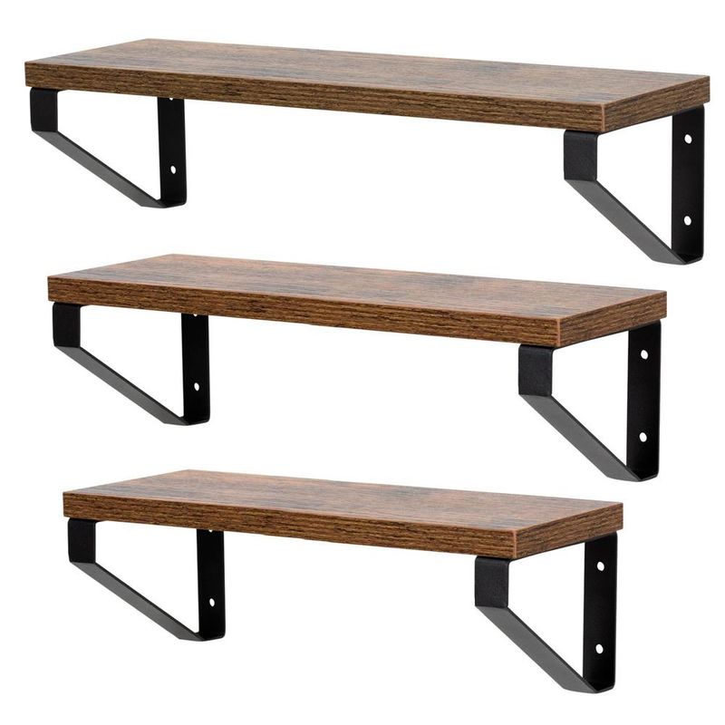 Casa si Gradina - Mobilier - Biblioteci si rafturi - Biblioteci - Set 3 rafturi de perete din metal si MDF, 30-35-40x12 cm, negru si maro - Infinity.ro