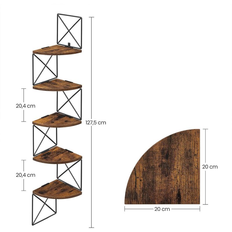 Casa si Gradina - Mobilier - Biblioteci si rafturi - Biblioteci - Raft de perete pentru colt, cadru otel cu 5 etaje din MDF, 20x20x128cm, maro rustic si negru - Infinity.ro