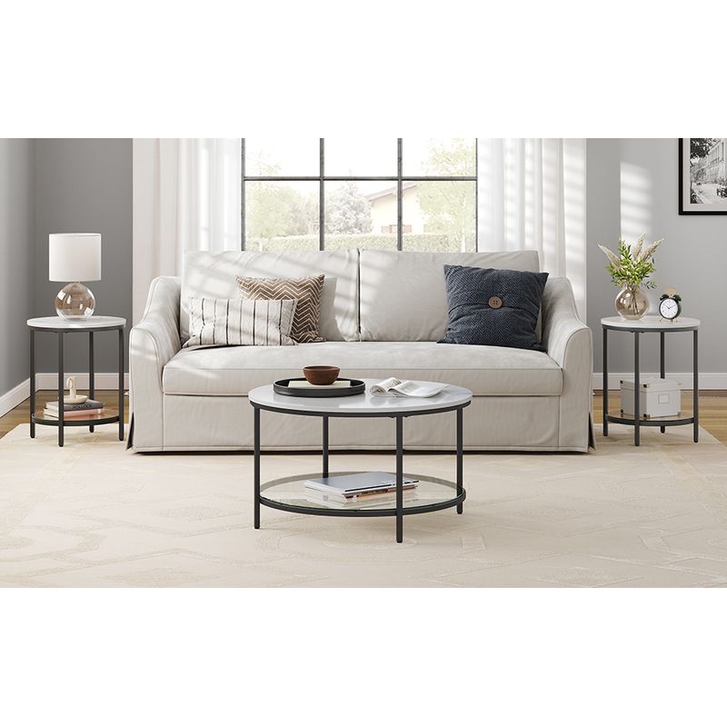 Casa si Gradina - Mobilier - Mese si birouri - Masute de cafea - Masa de cafea rotunda cu blat din imitatie de marmura, polita suplimentara din sticla, 80x45cm, alb si negru - Infinity.ro